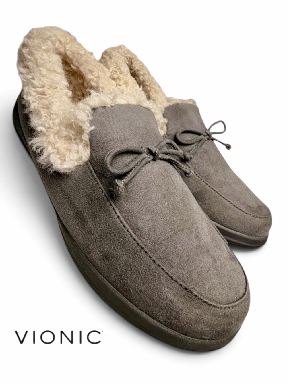 Vionic Claribel Gray Faux Shearling Moccasin Slippers Womens 8.5